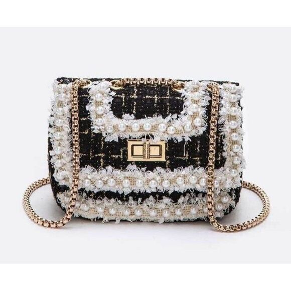 Unbranded Handbags - Black Fluffy Trendy Tweed Fuzzy Iconic Swing Bag Ladies Chain Satchel